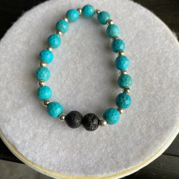 Fun handmade stretch turquoise beaded bracelet silver separaters lava beads - Picture 4 of 4